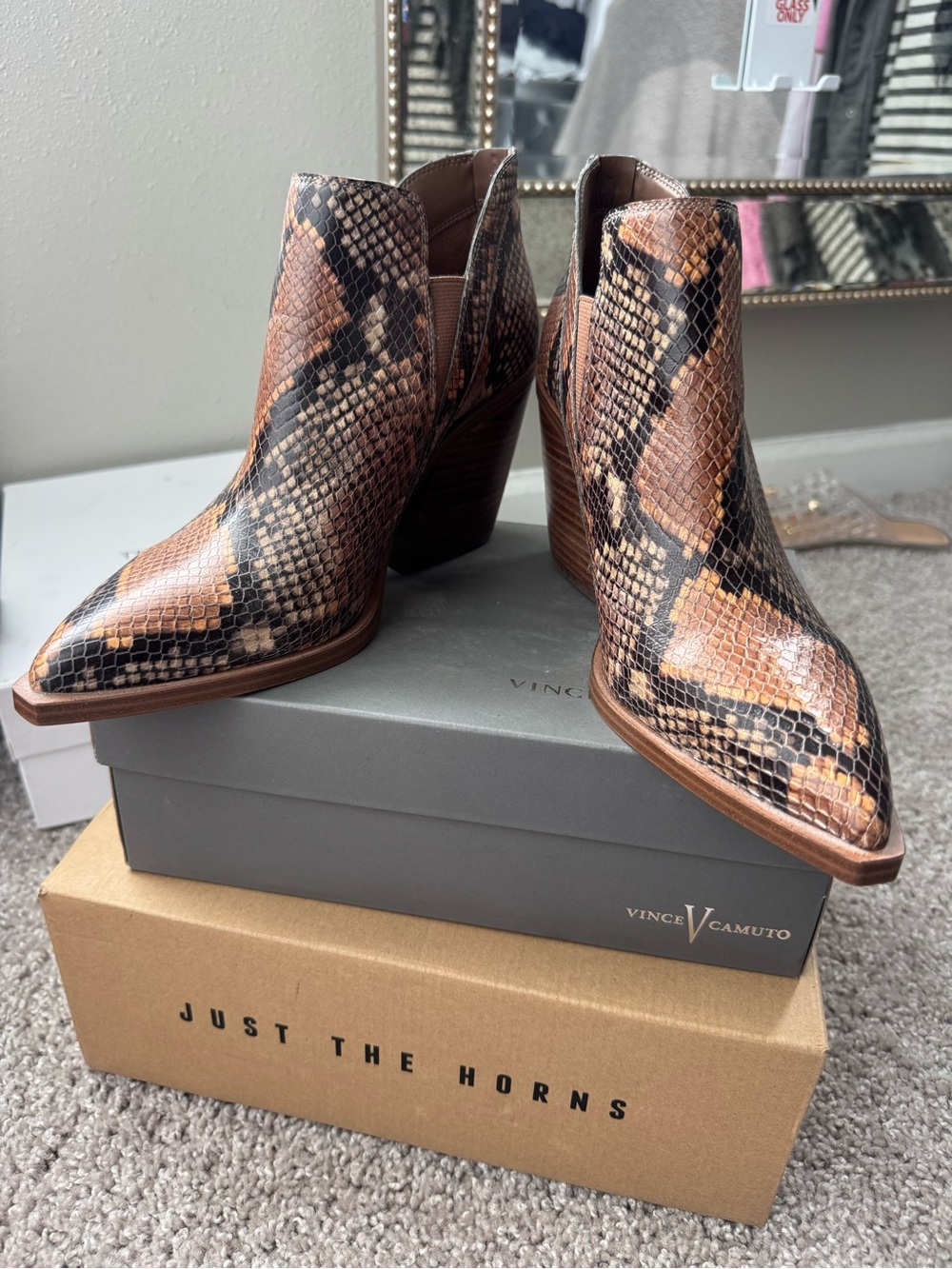 Vince Camuto Tan and Black Snake-Print Pointed Booties